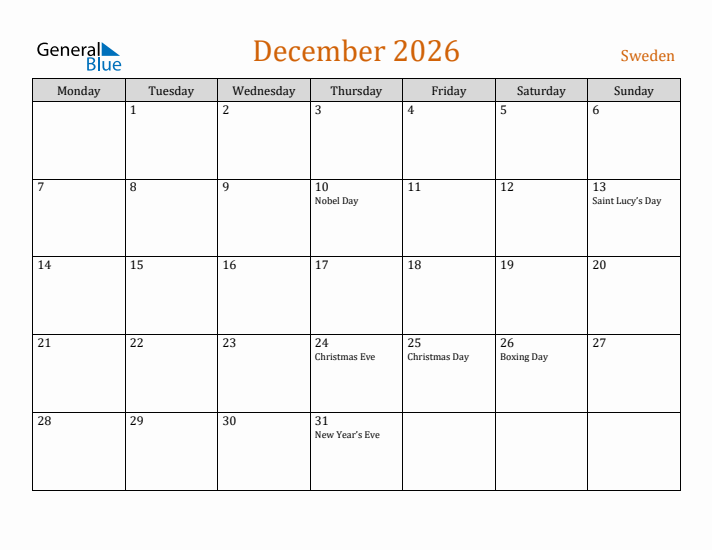 December 2026 Holiday Calendar with Monday Start