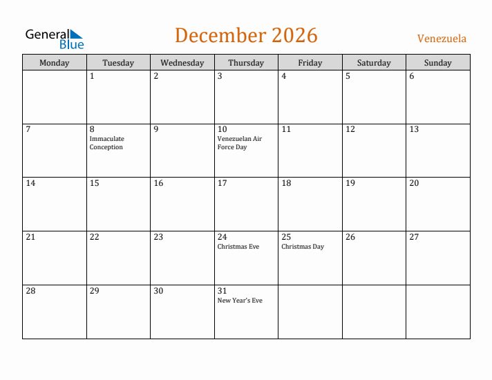 December 2026 Holiday Calendar with Monday Start