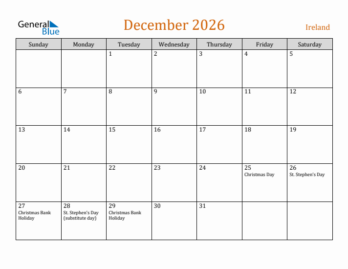 December 2026 Holiday Calendar with Sunday Start