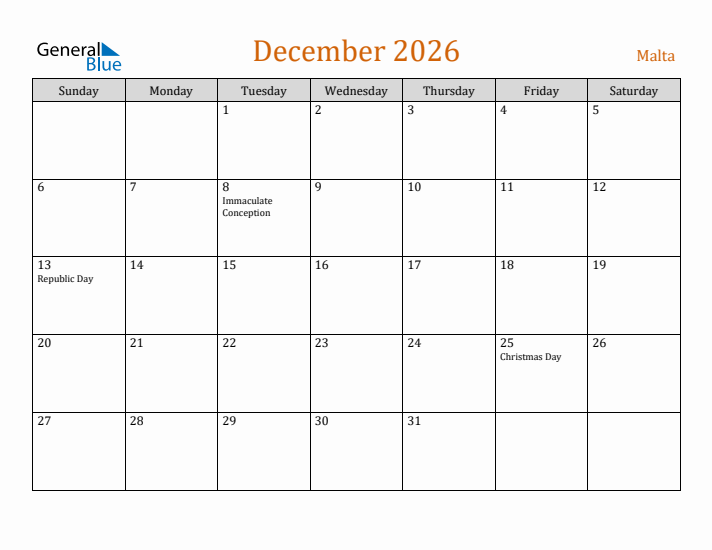 December 2026 Holiday Calendar with Sunday Start