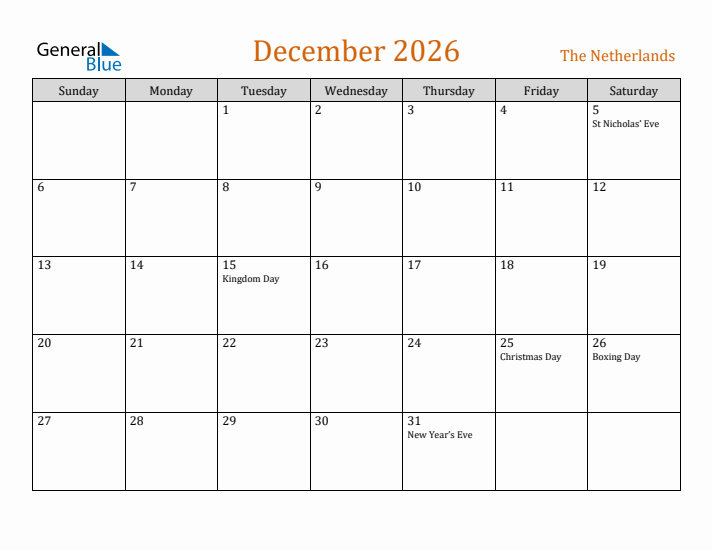 December 2026 Holiday Calendar with Sunday Start