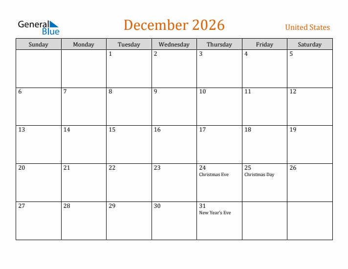 December 2026 Holiday Calendar with Sunday Start