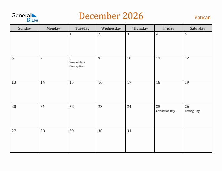 December 2026 Holiday Calendar with Sunday Start