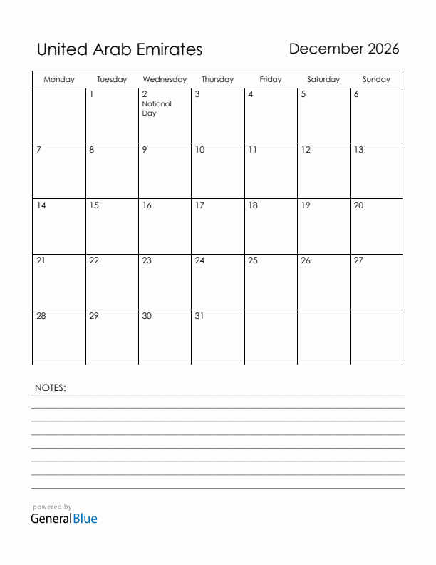 December 2026 United Arab Emirates Calendar with Holidays (Monday Start)
