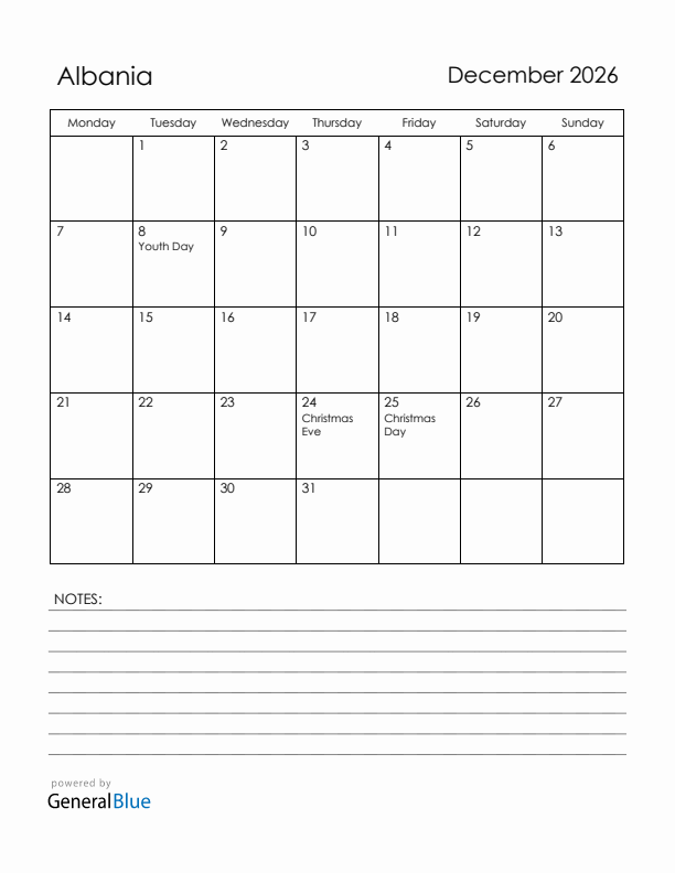 December 2026 Albania Calendar with Holidays (Monday Start)
