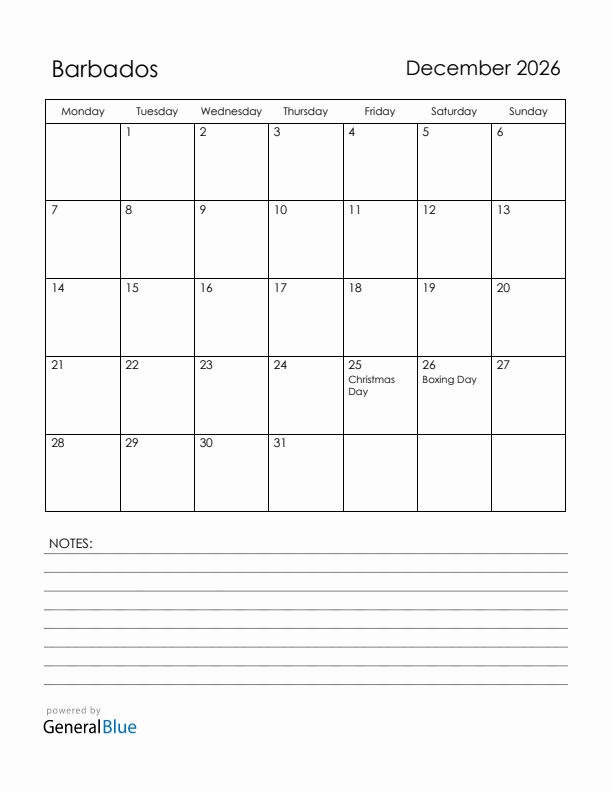 December 2026 Barbados Calendar with Holidays (Monday Start)