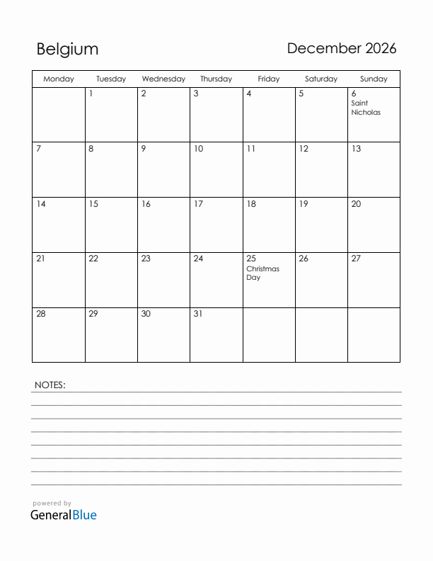 December 2026 Belgium Calendar with Holidays (Monday Start)