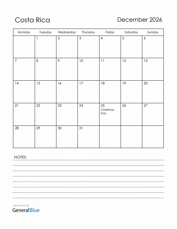 December 2026 Costa Rica Calendar with Holidays (Monday Start)