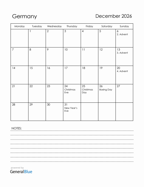 December 2026 Germany Calendar with Holidays (Monday Start)