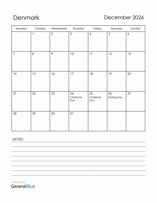 December 2026 Denmark Calendar with Holidays (Monday Start)