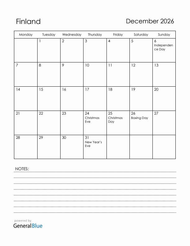 December 2026 Finland Calendar with Holidays (Monday Start)