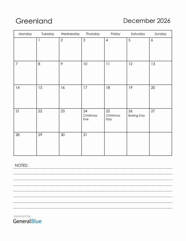 December 2026 Greenland Calendar with Holidays (Monday Start)