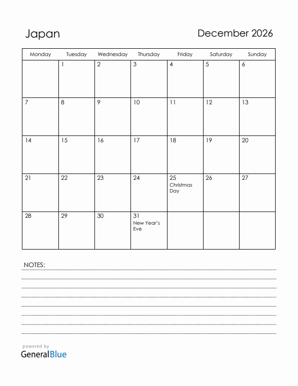 December 2026 Japan Calendar with Holidays (Monday Start)