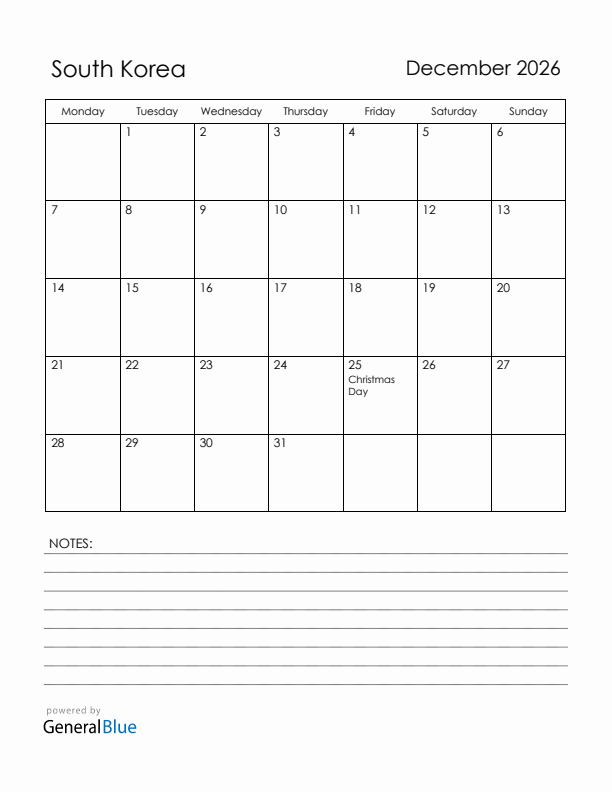 December 2026 South Korea Calendar with Holidays (Monday Start)