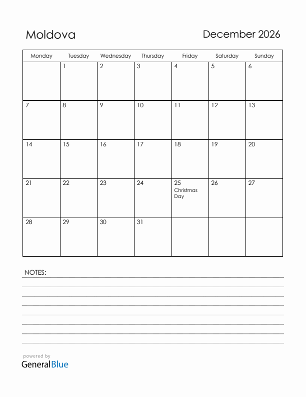 December 2026 Moldova Calendar with Holidays (Monday Start)