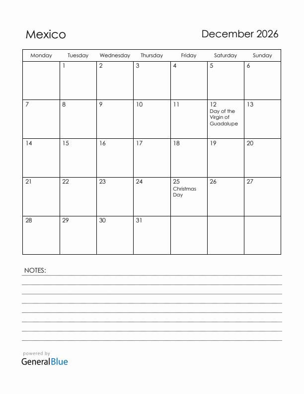 December 2026 Mexico Calendar with Holidays (Monday Start)