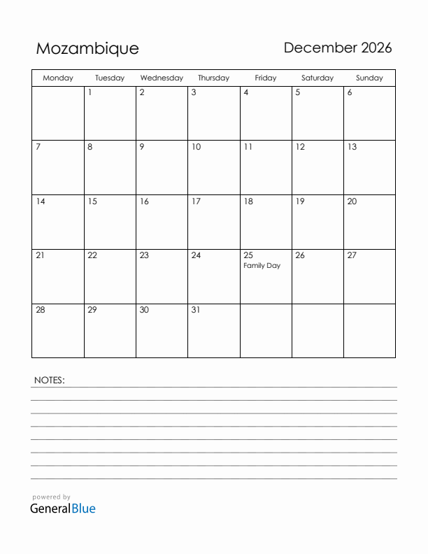 December 2026 Mozambique Calendar with Holidays (Monday Start)