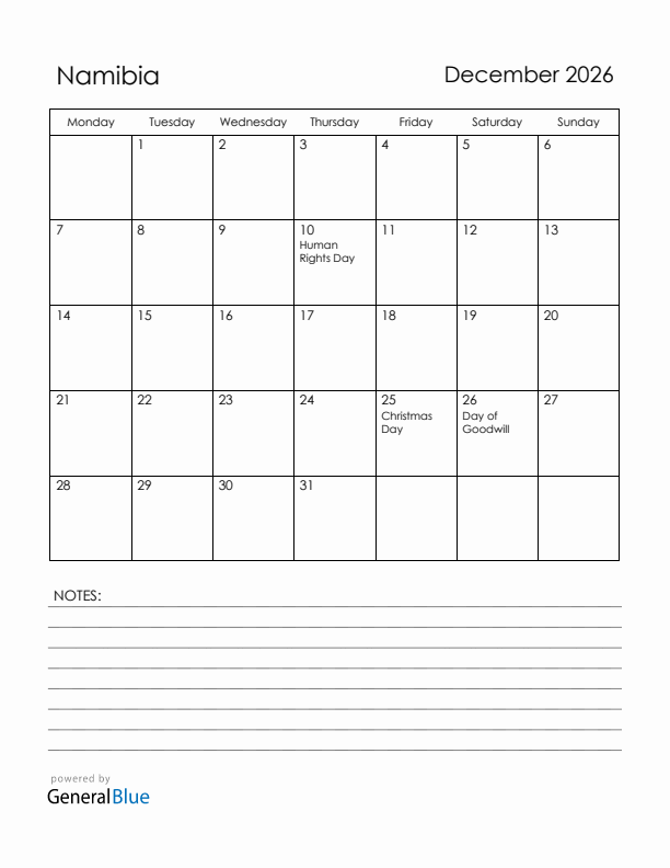 December 2026 Namibia Calendar with Holidays (Monday Start)