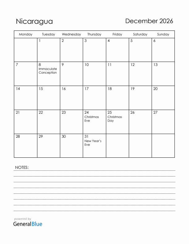 December 2026 Nicaragua Calendar with Holidays (Monday Start)