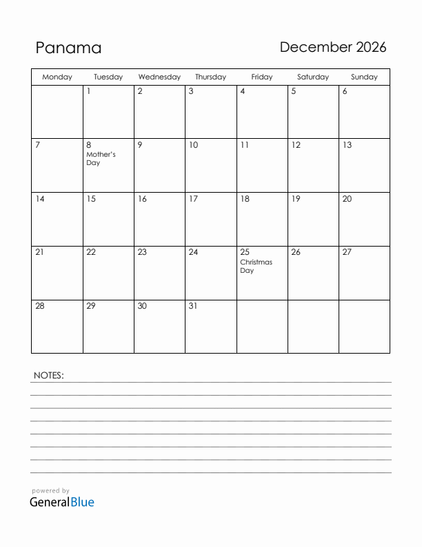 December 2026 Panama Calendar with Holidays (Monday Start)