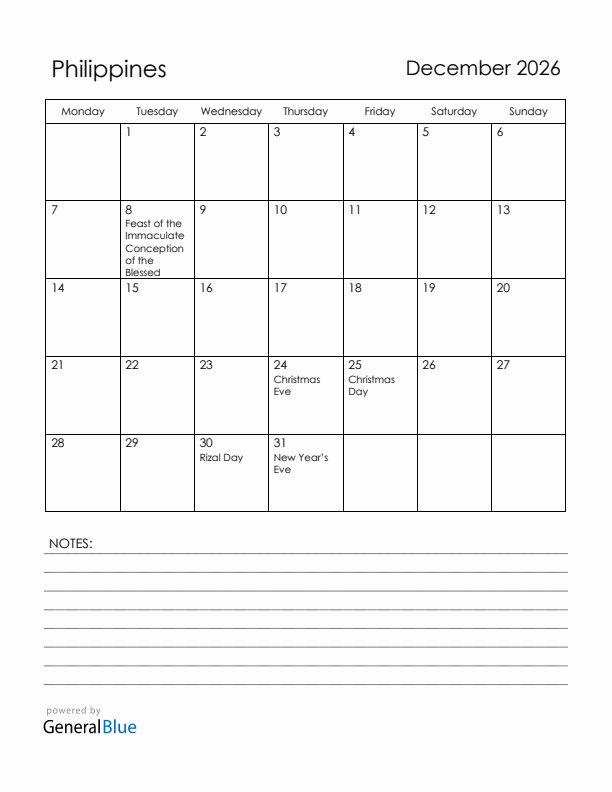 December 2026 Philippines Calendar with Holidays (Monday Start)