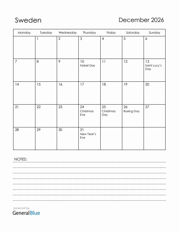December 2026 Sweden Calendar with Holidays (Monday Start)