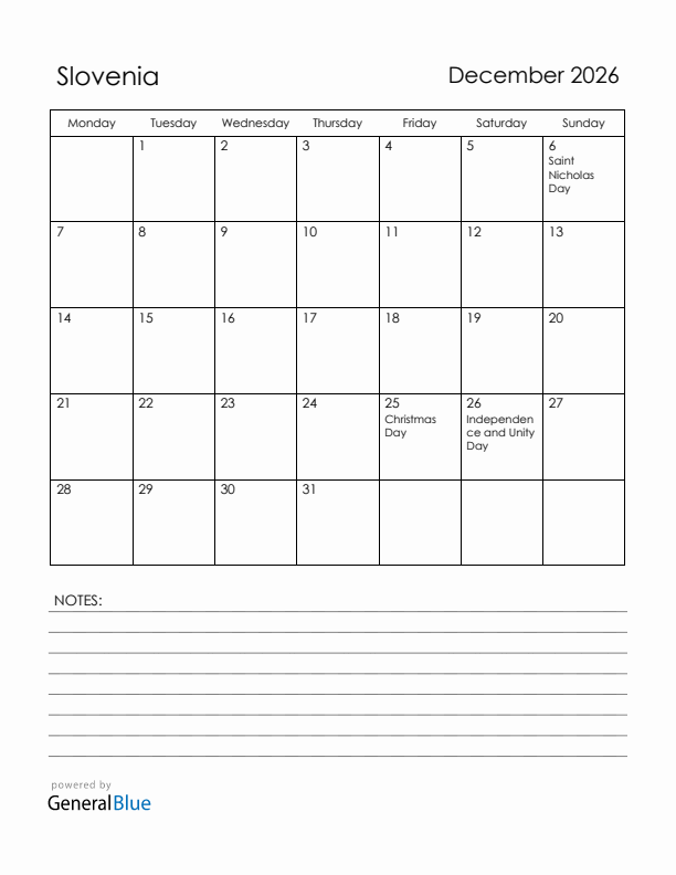 December 2026 Slovenia Calendar with Holidays (Monday Start)