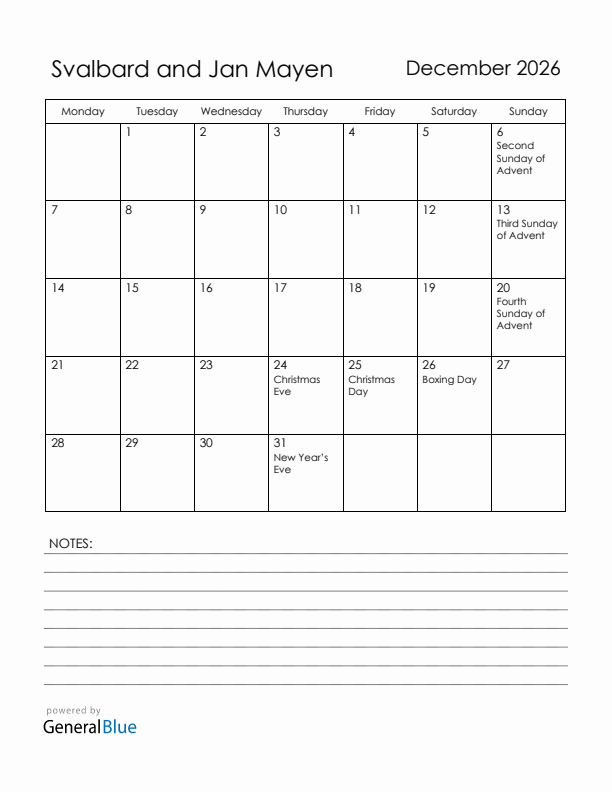 December 2026 Svalbard and Jan Mayen Calendar with Holidays (Monday Start)