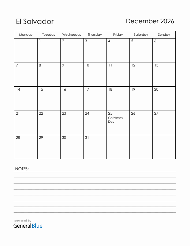 December 2026 El Salvador Calendar with Holidays (Monday Start)