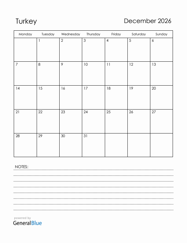 December 2026 Turkey Calendar with Holidays (Monday Start)
