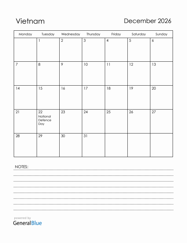 December 2026 Vietnam Calendar with Holidays (Monday Start)