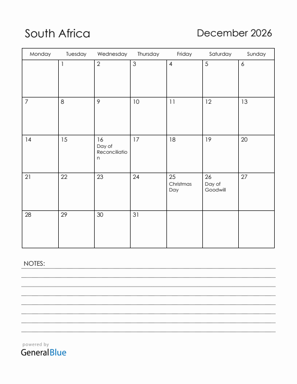 December 2026 South Africa Calendar with Holidays (Monday Start)