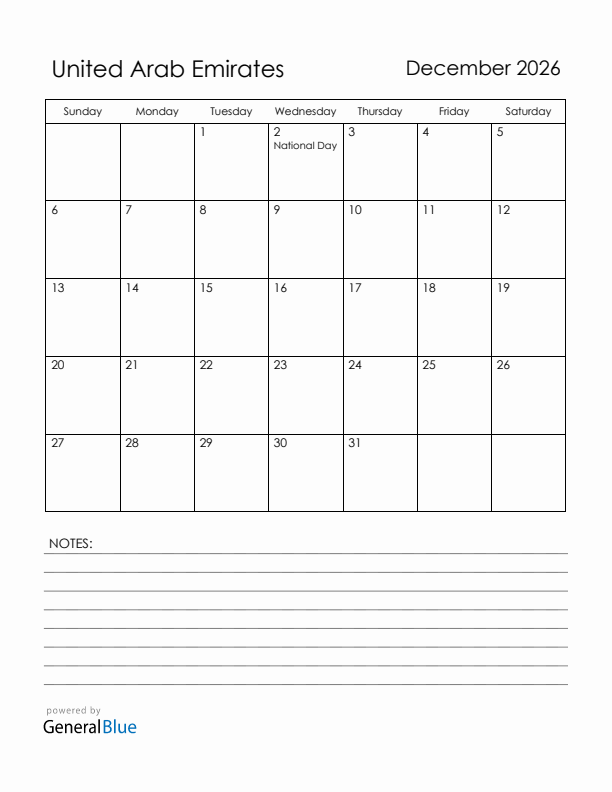 December 2026 United Arab Emirates Calendar with Holidays (Sunday Start)