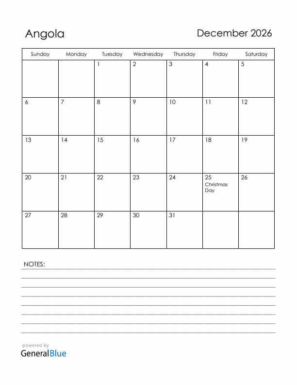 December 2026 Angola Calendar with Holidays (Sunday Start)