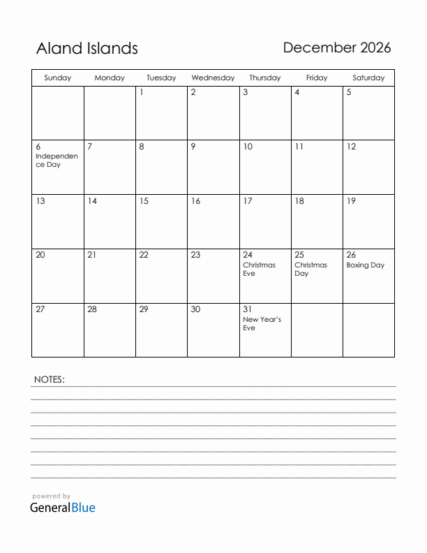 December 2026 Aland Islands Calendar with Holidays (Sunday Start)