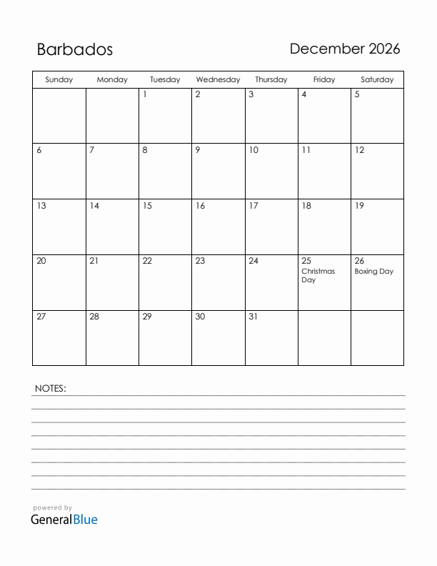 December 2026 Barbados Calendar with Holidays (Sunday Start)