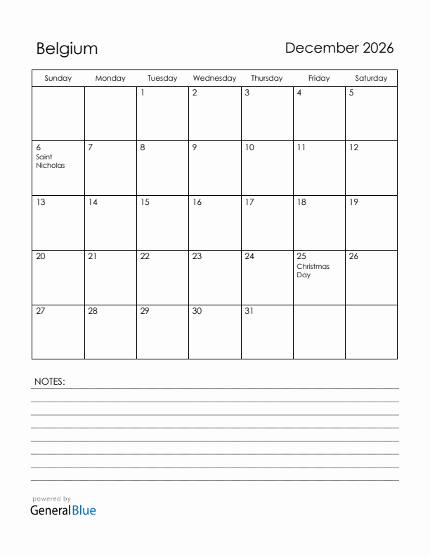 December 2026 Belgium Calendar with Holidays (Sunday Start)