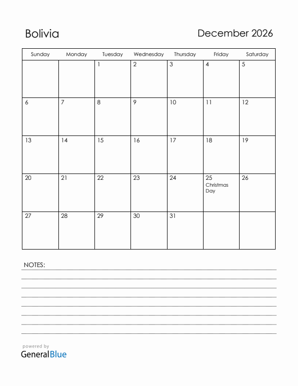 December 2026 Bolivia Calendar with Holidays (Sunday Start)