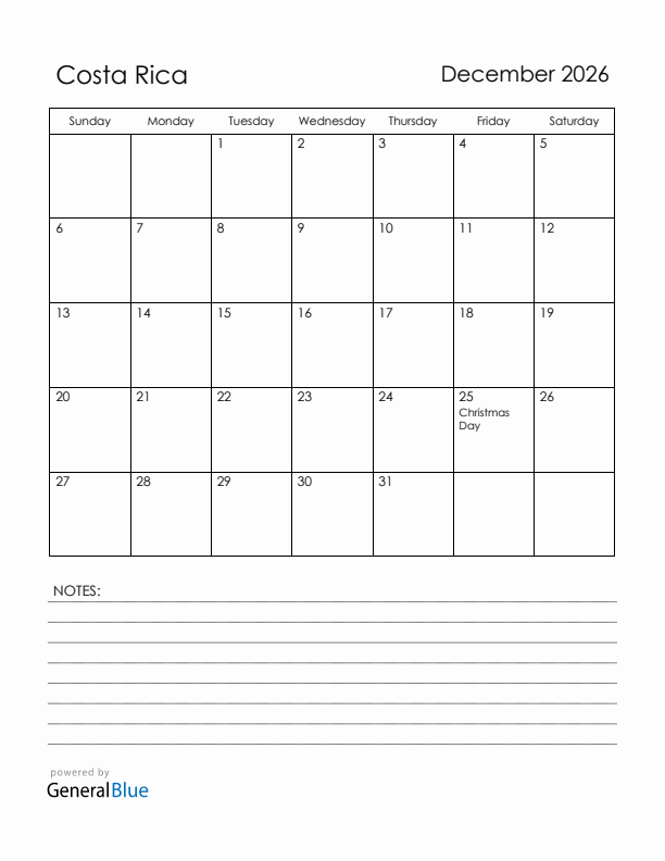 December 2026 Costa Rica Calendar with Holidays (Sunday Start)