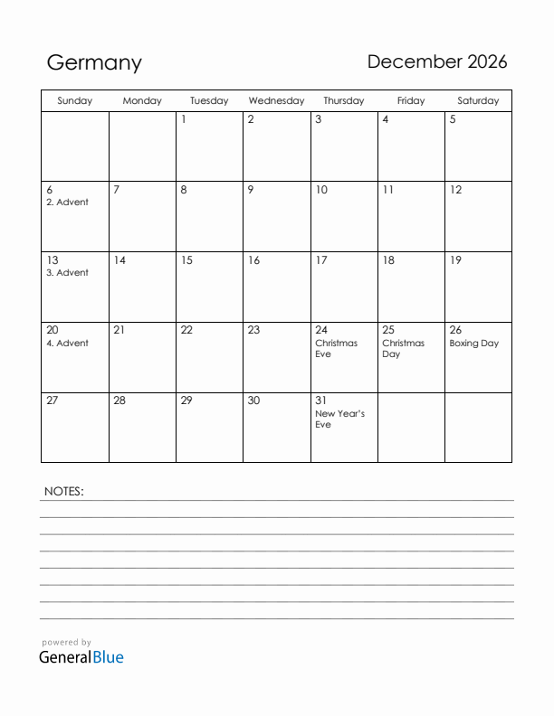 December 2026 Germany Calendar with Holidays (Sunday Start)