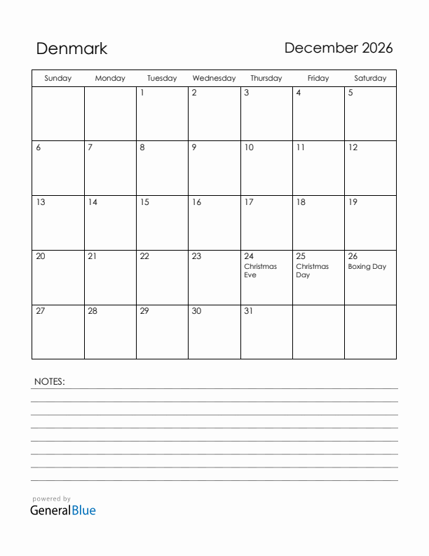 December 2026 Denmark Calendar with Holidays (Sunday Start)
