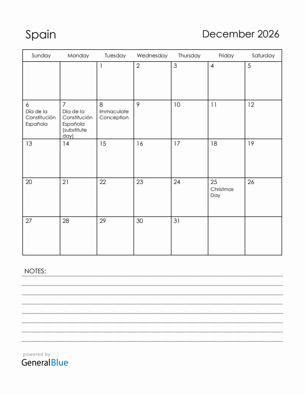 December 2026 Spain Calendar with Holidays (Sunday Start)