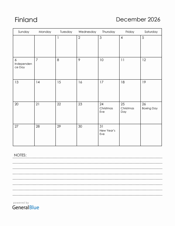 December 2026 Finland Calendar with Holidays (Sunday Start)
