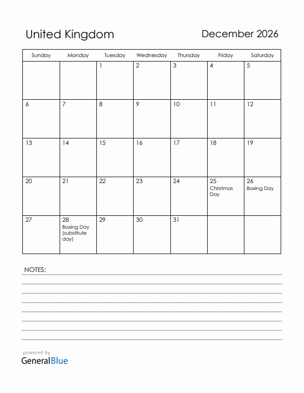 December 2026 United Kingdom Calendar with Holidays (Sunday Start)