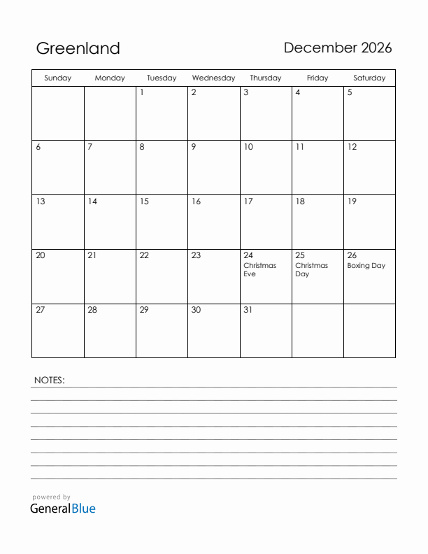 December 2026 Greenland Calendar with Holidays (Sunday Start)