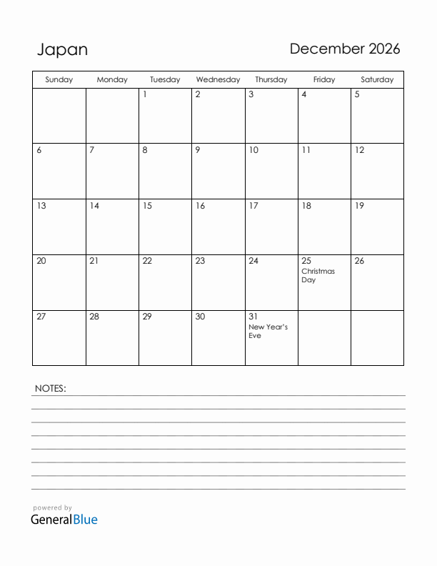 December 2026 Japan Calendar with Holidays (Sunday Start)