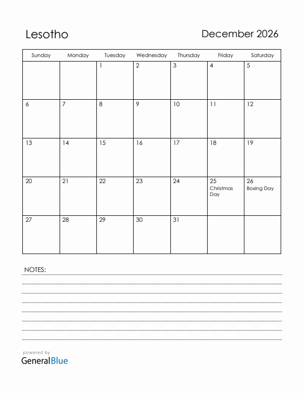 December 2026 Lesotho Calendar with Holidays (Sunday Start)