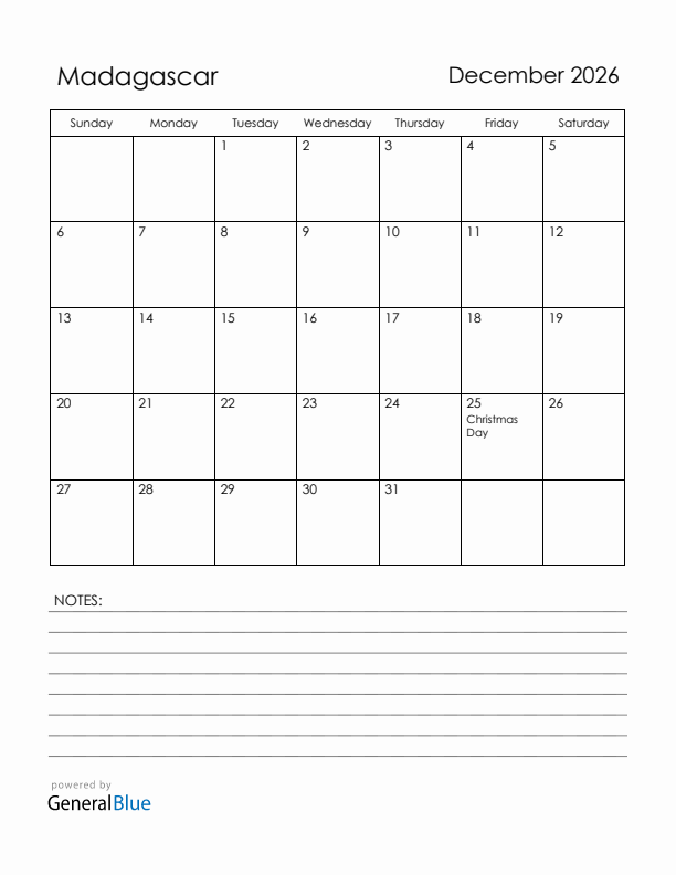 December 2026 Madagascar Calendar with Holidays (Sunday Start)