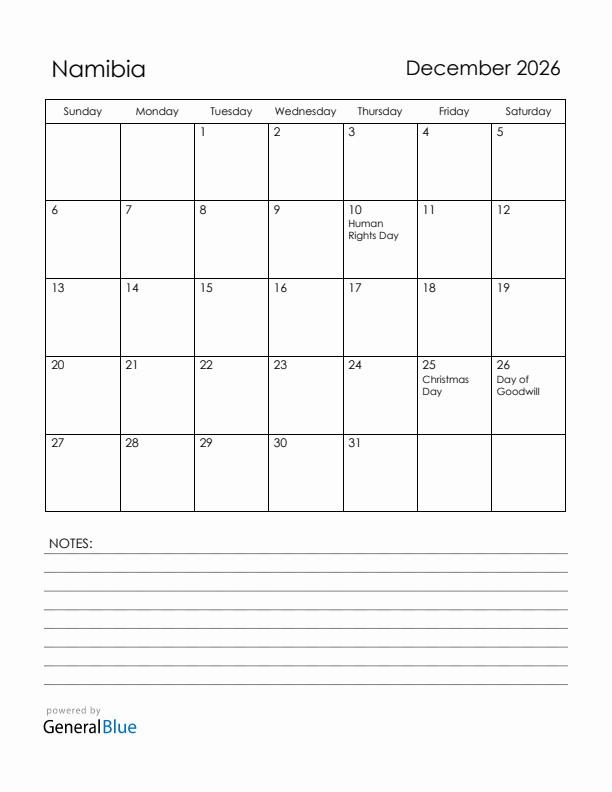 December 2026 Namibia Calendar with Holidays (Sunday Start)