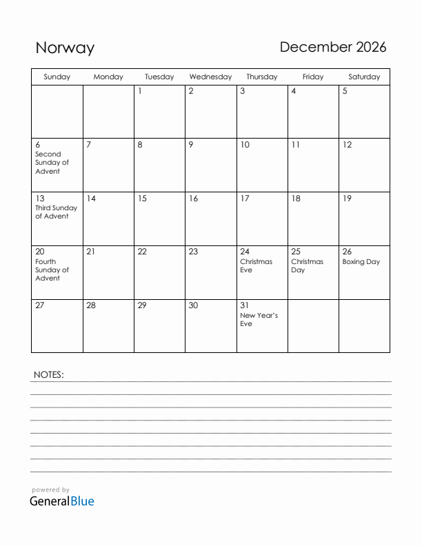 December 2026 Norway Calendar with Holidays (Sunday Start)